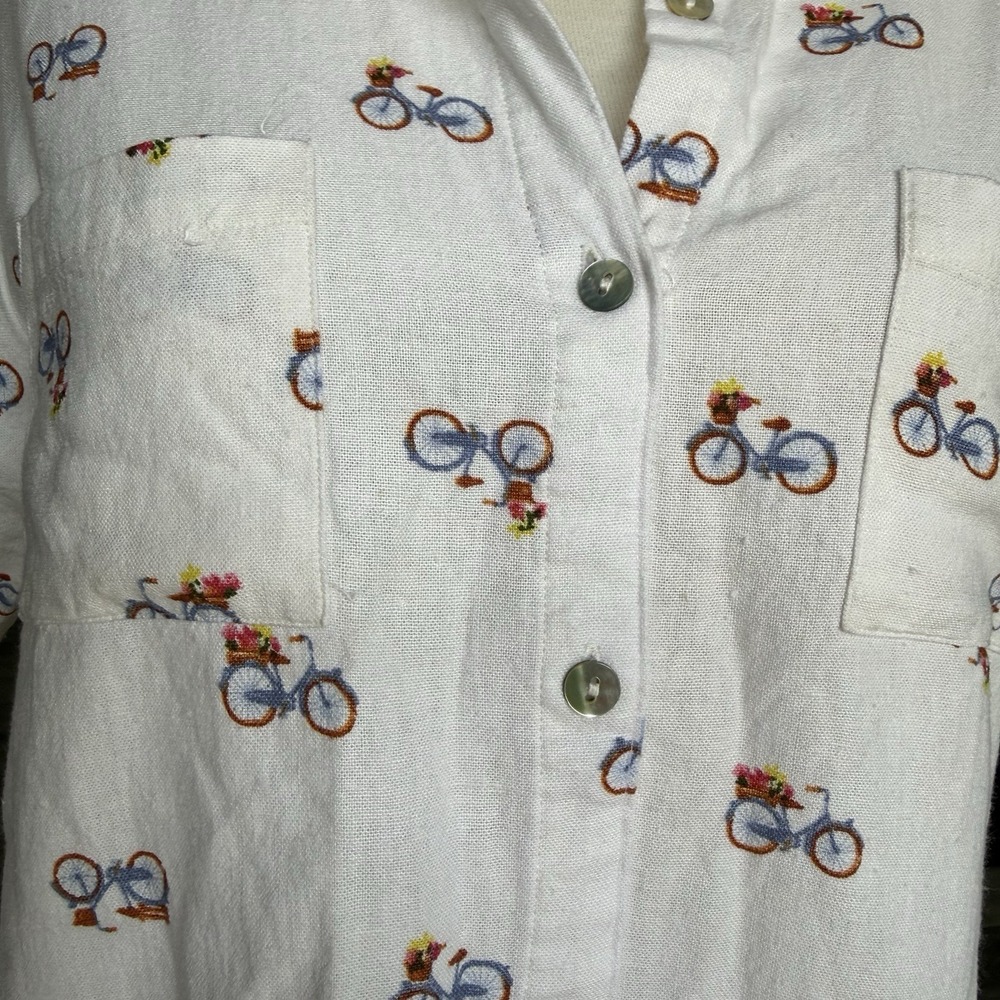 Rae Dunn Bicycle Print Button Down Shirt Women's Large White Linen Blend Top - Picture 5 of 7